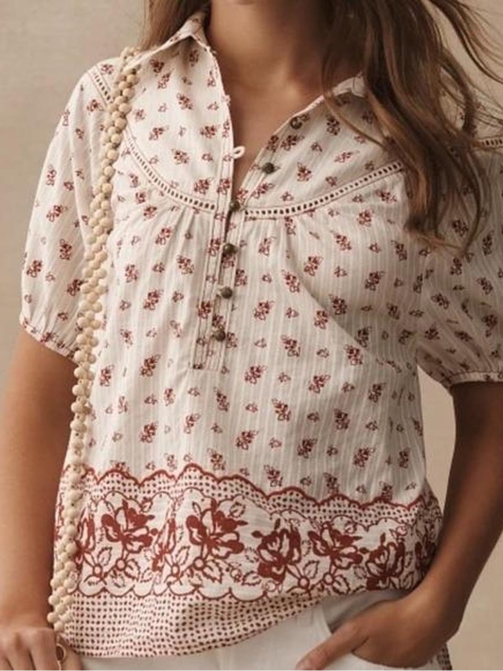 Anthropologie Cream and Red Short-Sleeve Paisley Floral Bandana Button-Up Top